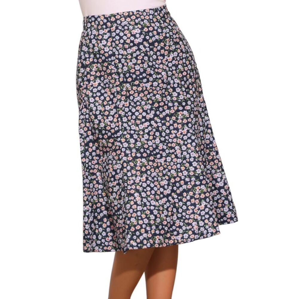 Floral Peasant Elastic Waist A-Line Leave Print Midi Skirt Floral Dark Blue